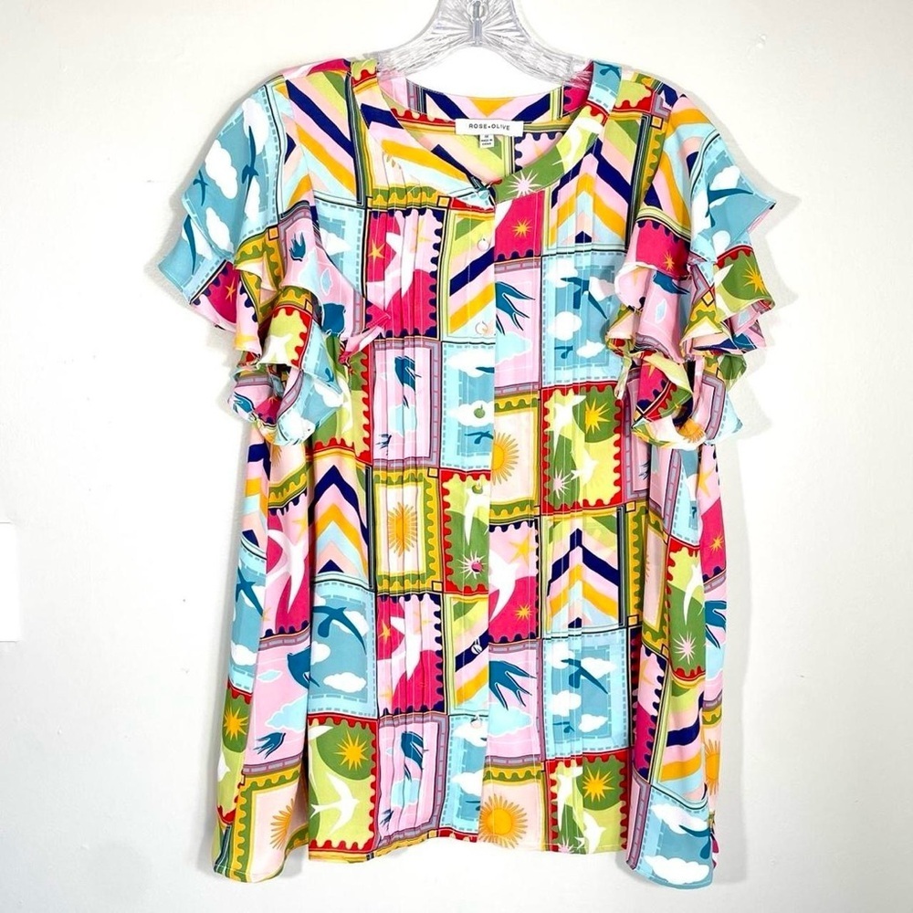Rose + Olive Colorful Patchwork Blouse XL Ruffle Sleeve Bright Print Top
